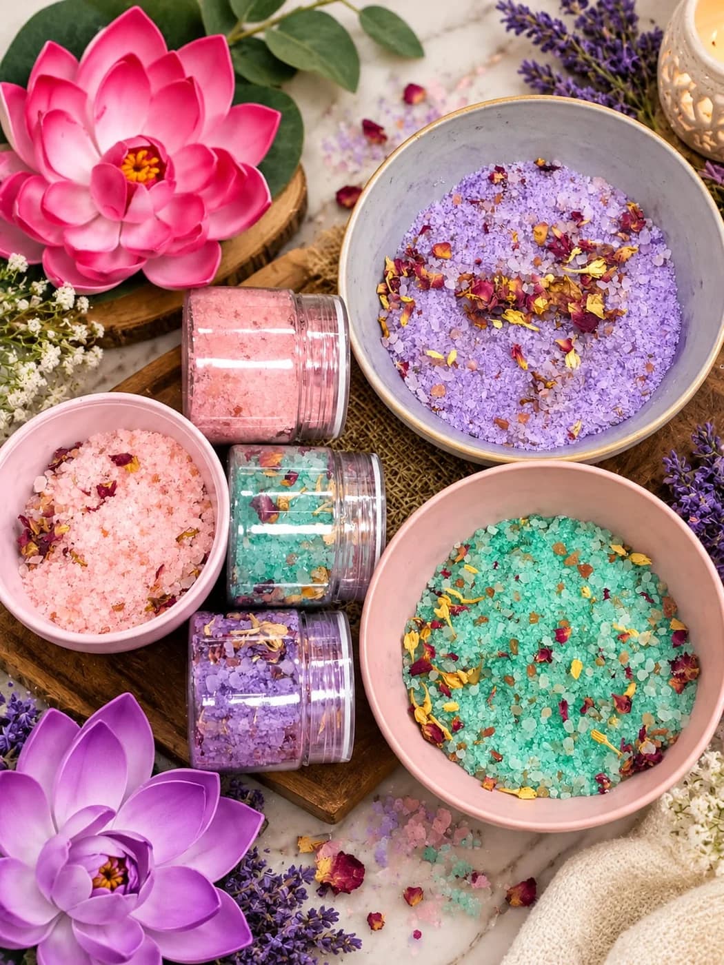 Aroma bath salts in rose, mint and lavender, in bowls with dried petals