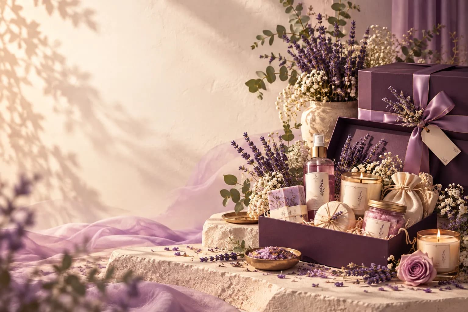 Gift boxes, candles and lavender styled together on a linen table