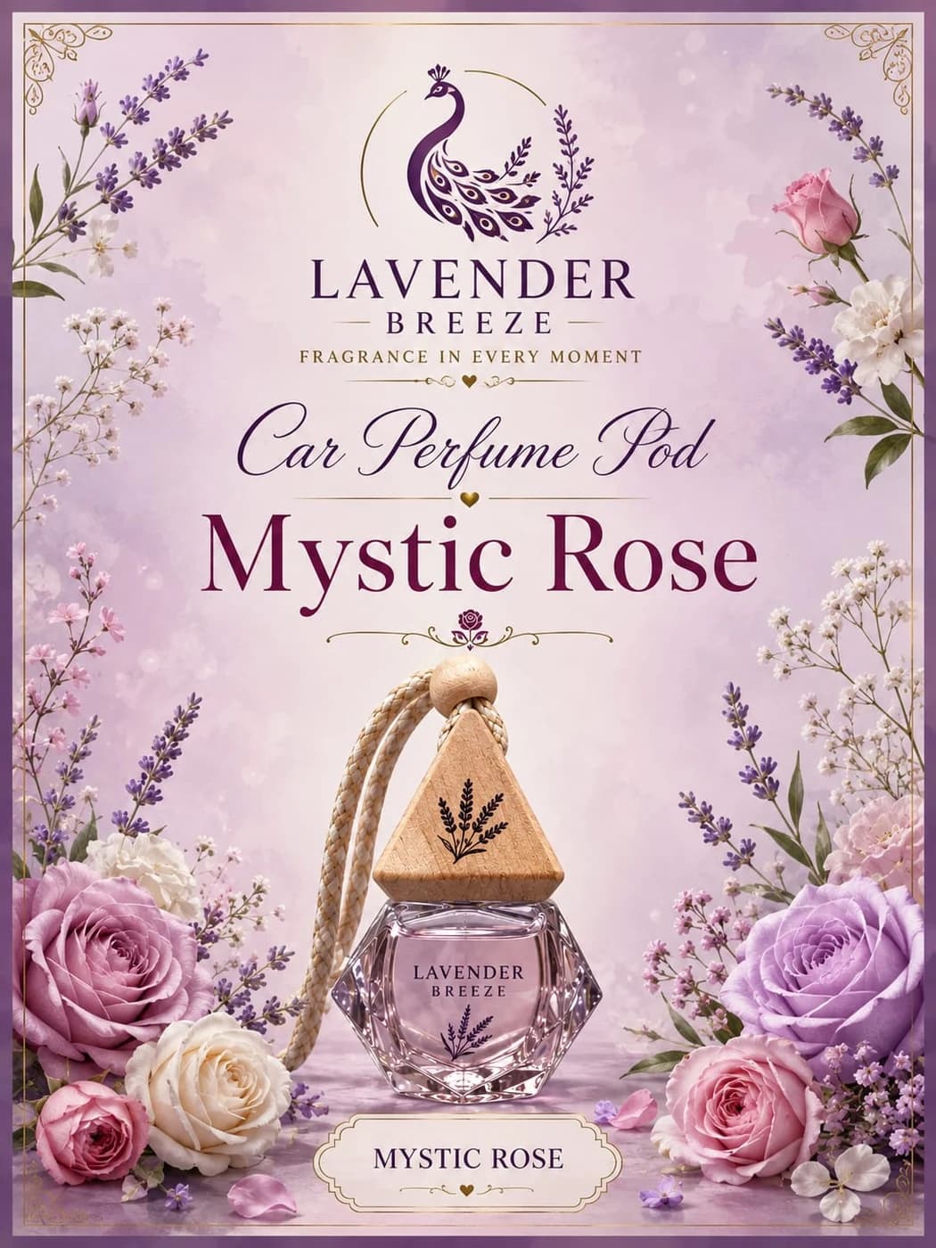 Mystic Rose car perfume pod with a wooden cap, among roses