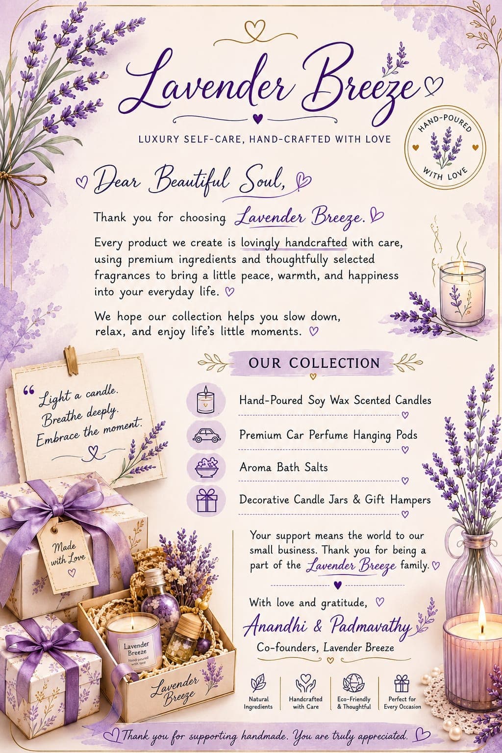 Welcome note from Lavender Breeze co-founders Anandhi and Padmavathy